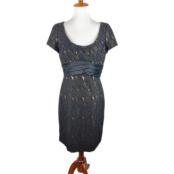 Badgley Mischka Black Lace Sheath Dress Illusion Satin Lining Pleated Sash Sz 8